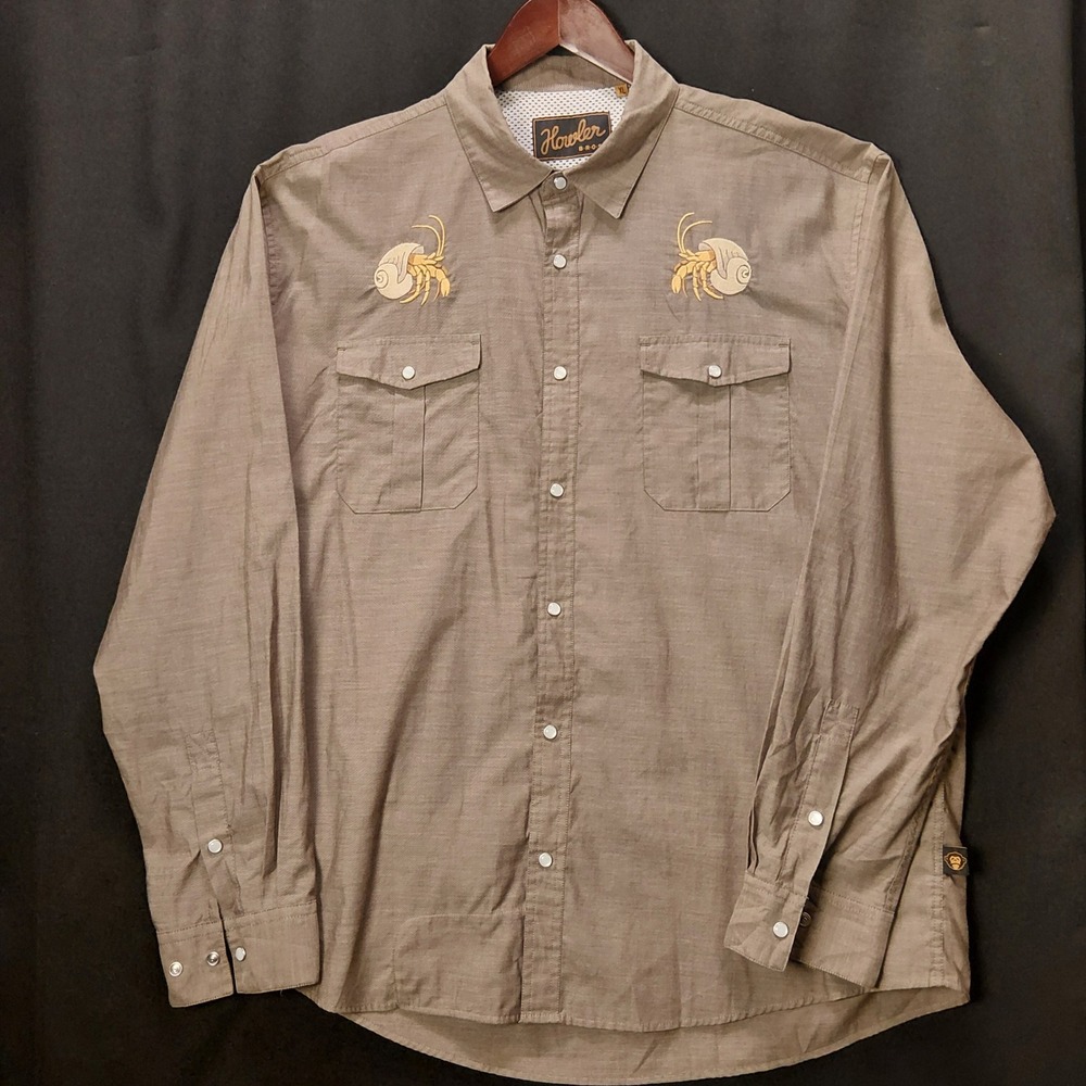 Howler Bros Gaucho Snapshirt XL Brown Hermit Crab Embroidery Pearl Snap Vented